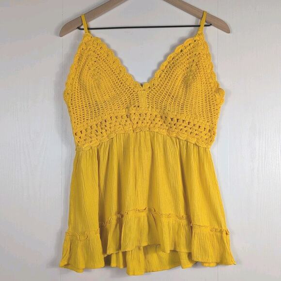 Blush Womens L Yellow Crochet Peplum Tank Top Boho Ruffle Hem Y2K Festival Cami - Picture 2 of 9